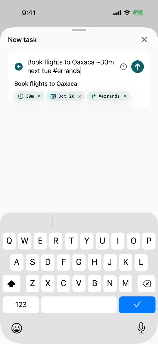 The New task sheet on iPhone, with chips under the line for 30m, a date and a label
