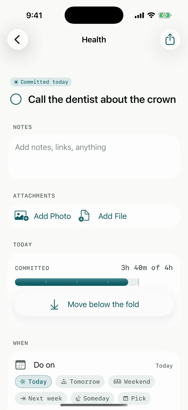 A task open on iPhone: its title, Notes, Attachments, Today and When