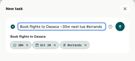 The New task sheet on the Mac, with chips under the line for 30m, a date and #errands