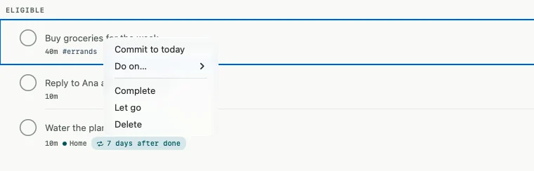 A task’s menu on the Mac: Commit to today, Do on…, Complete, Let go and Delete