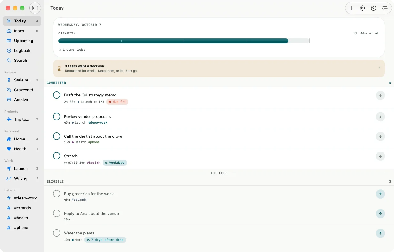 Billine on the Mac: the sidebar beside Today