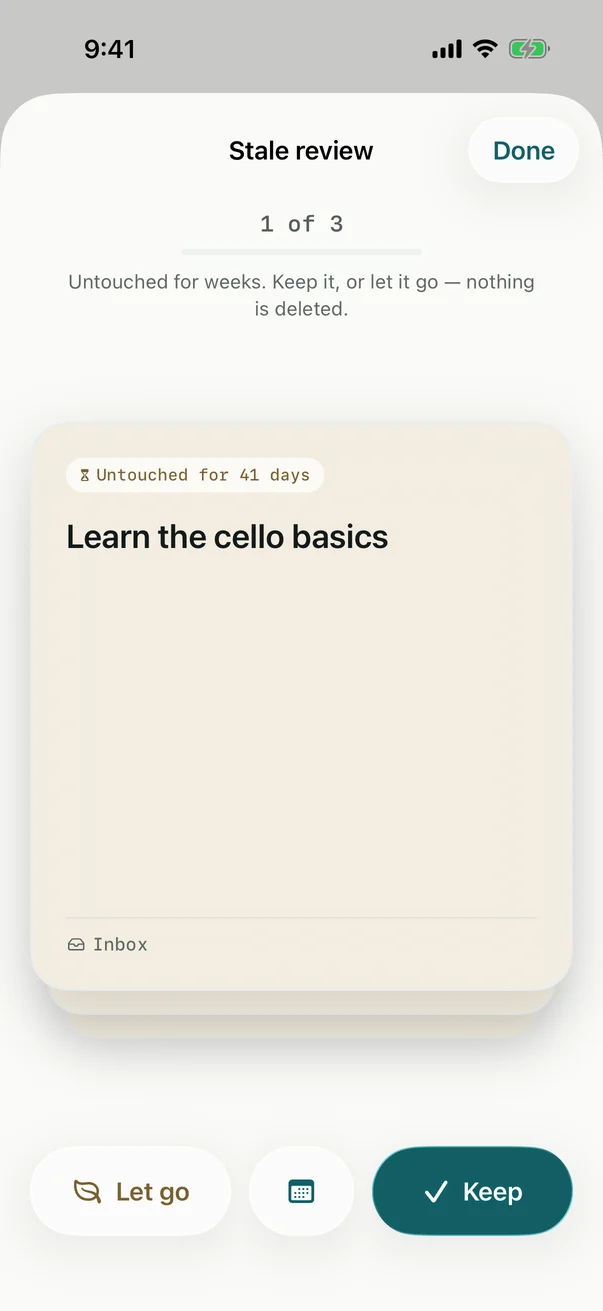 The Stale review on iPhone: one task as a card, with Keep, Schedule and Let go