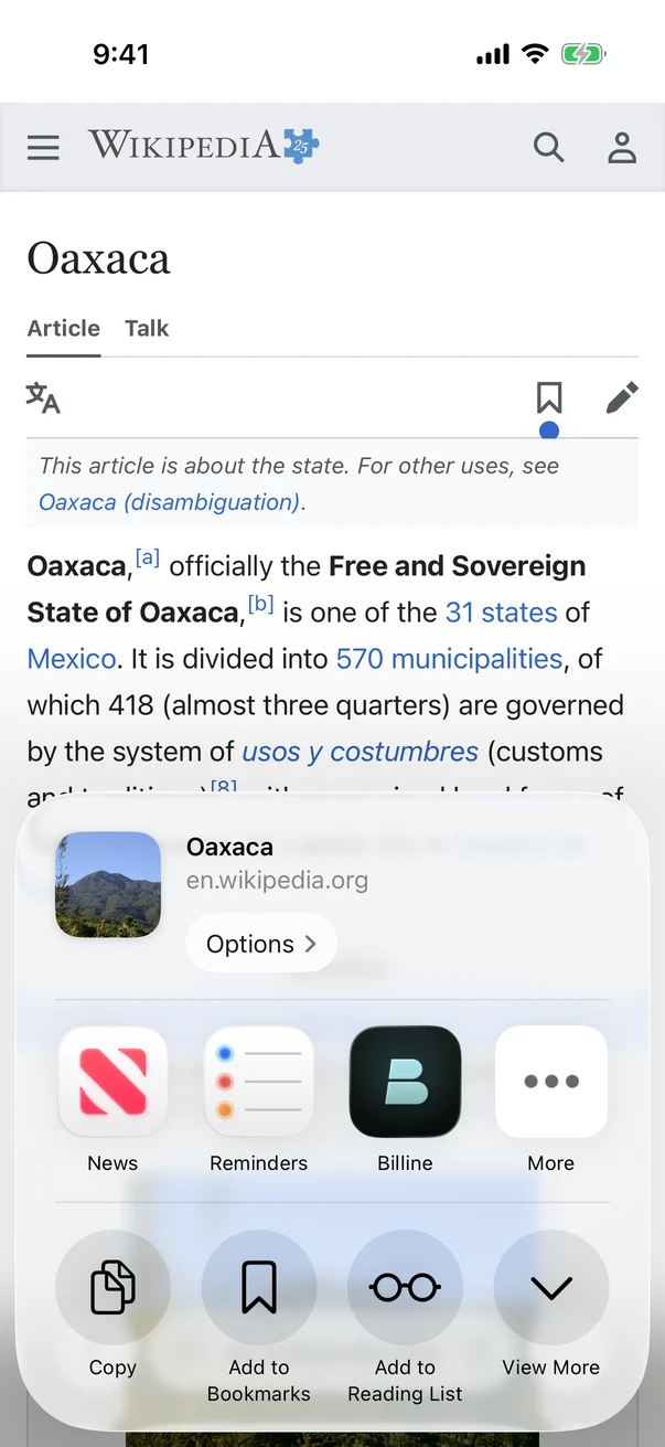 Safari’s share sheet on a Wikipedia page, with Billine among the apps
