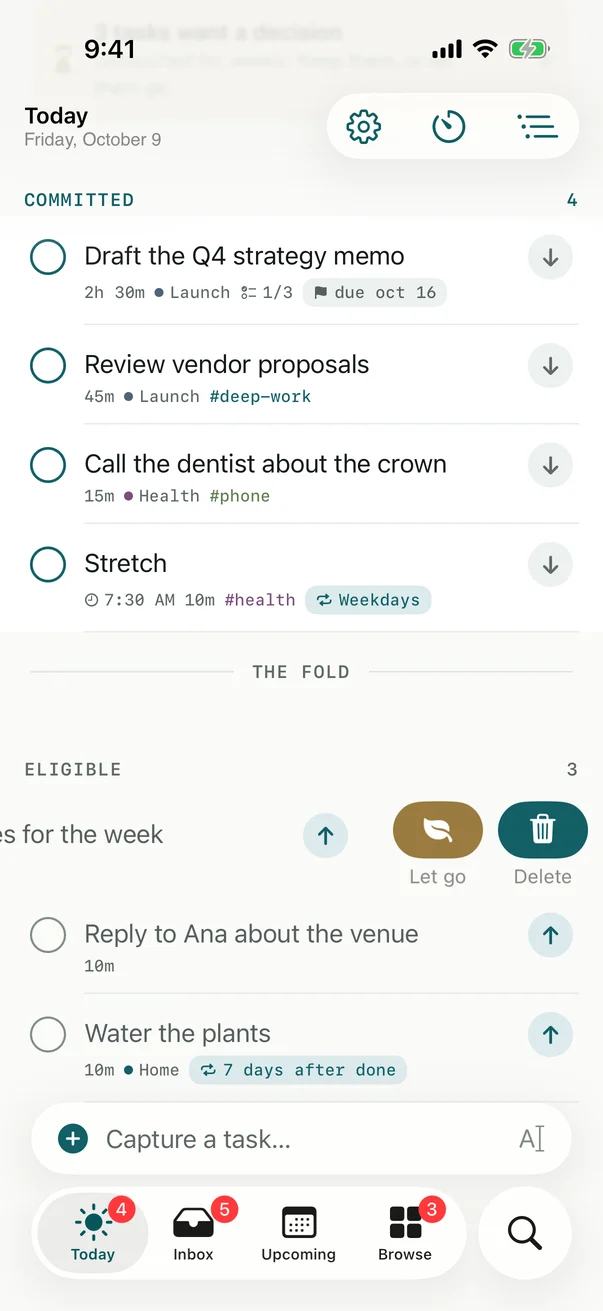 A task on Today swiped to the left, showing Let go and Delete