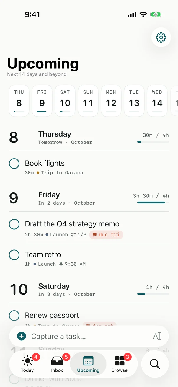 Upcoming on iPhone: a strip of the next fourteen days, then each day with its tasks and planned time