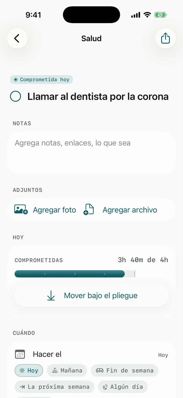 Una tarea abierta en el iPhone: su título, Notas, Adjuntos, Hoy y Cuándo