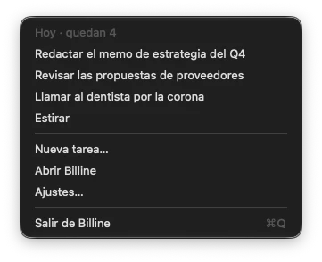 El menú de Billine en la barra de menús: las cuatro tareas pendientes de hoy, y luego Nueva tarea, Abrir Billine, Ajustes y Salir