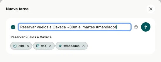 La hoja Nueva tarea en la Mac, con chips debajo de la línea para 30m, el martes y #mandados