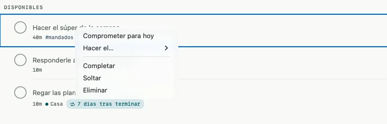 El menú de una tarea en la Mac: Comprometer para hoy, Hacer el…, Completar, Soltar y Eliminar