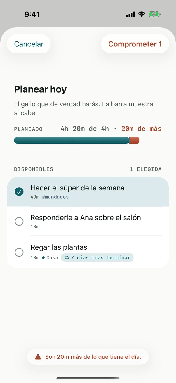 Planear mi día con cuatro tareas elegidas: 4h 10m de 4h, 10m de más