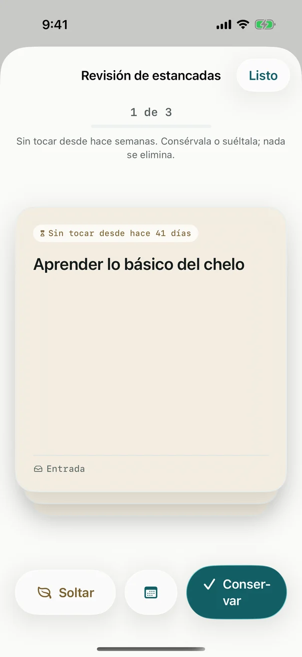 La Revisión de estancadas en el iPhone: una tarea como tarjeta, con Conservar, Programar y Soltar