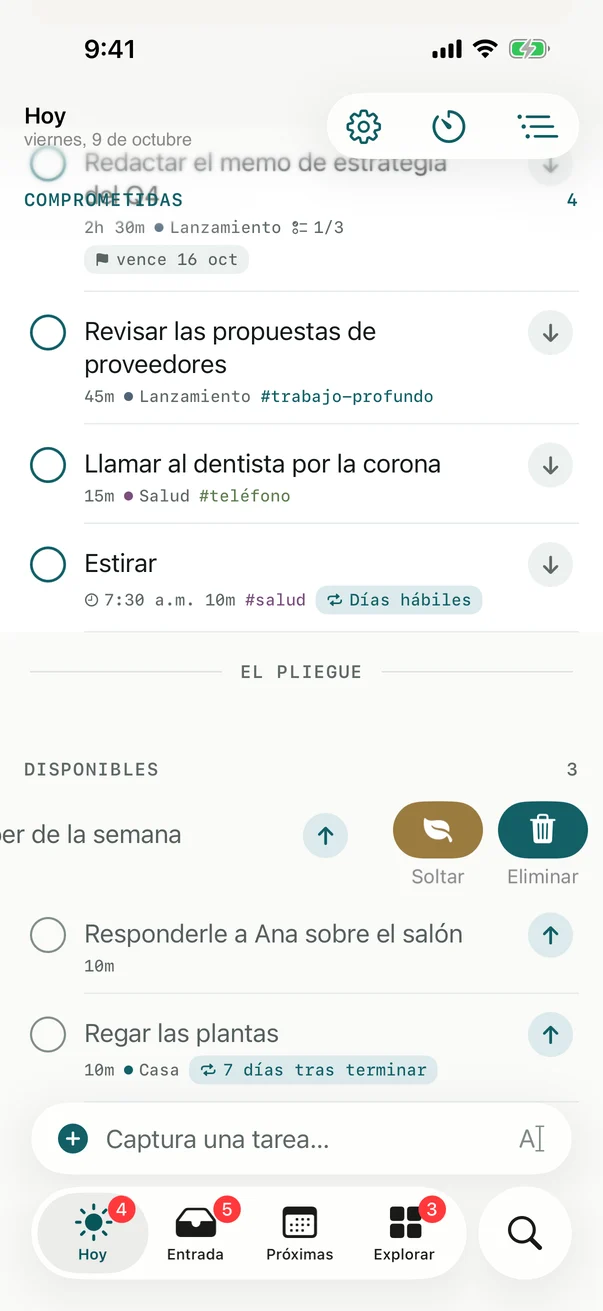 Una tarea en Hoy deslizada a la izquierda, con Soltar y Eliminar