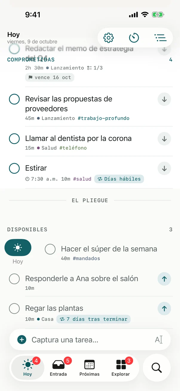 Una tarea bajo el pliegue deslizada desde el borde izquierdo, con Hoy