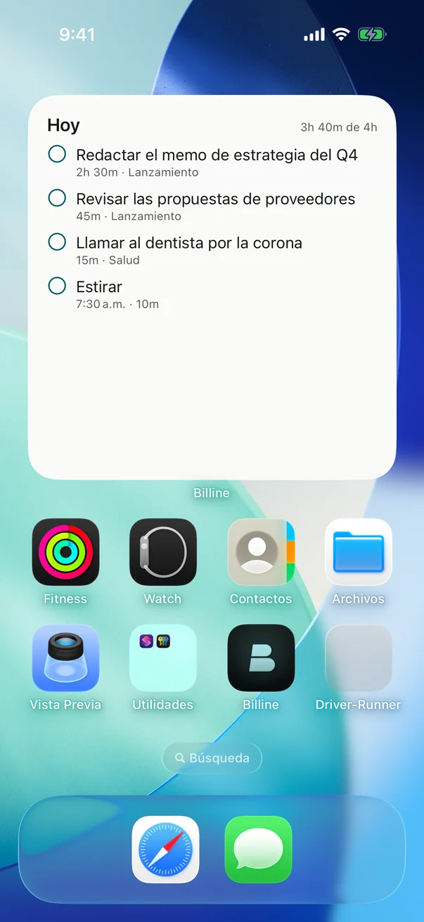 Una pantalla de inicio con el widget Hoy grande, que muestra las tareas del día y su duración