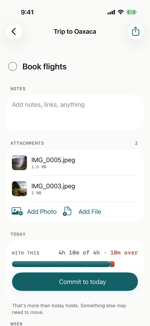 A task called Book flights with two photos attached, above Add Photo and Add File.