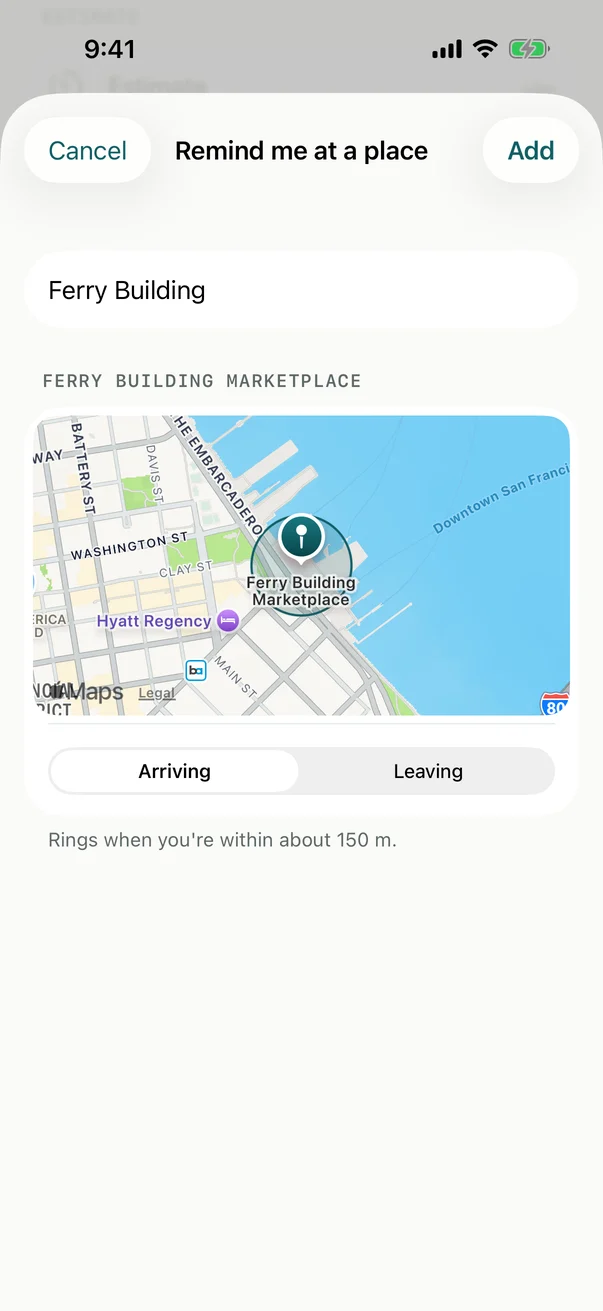 Billine's Remind me at a place sheet: a map of the Ferry Building Marketplace in San Francisco, with Arriving selected.