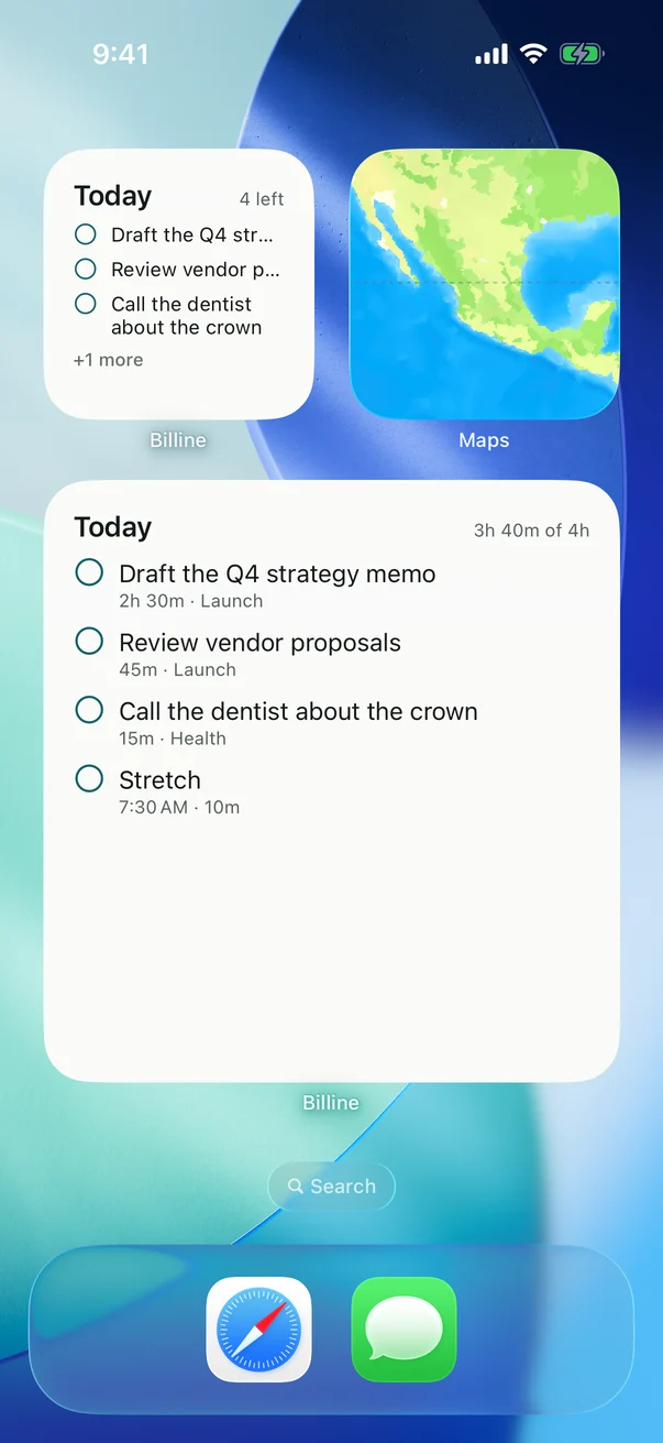 An iPhone Home Screen with Billine's Today widget in two sizes, listing the day's tasks and their durations.