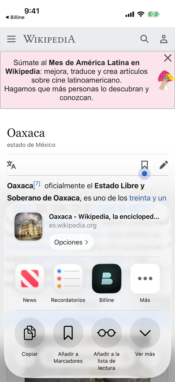 La hoja de compartir de Safari en una página de Wikipedia sobre Oaxaca, con Billine entre las apps.