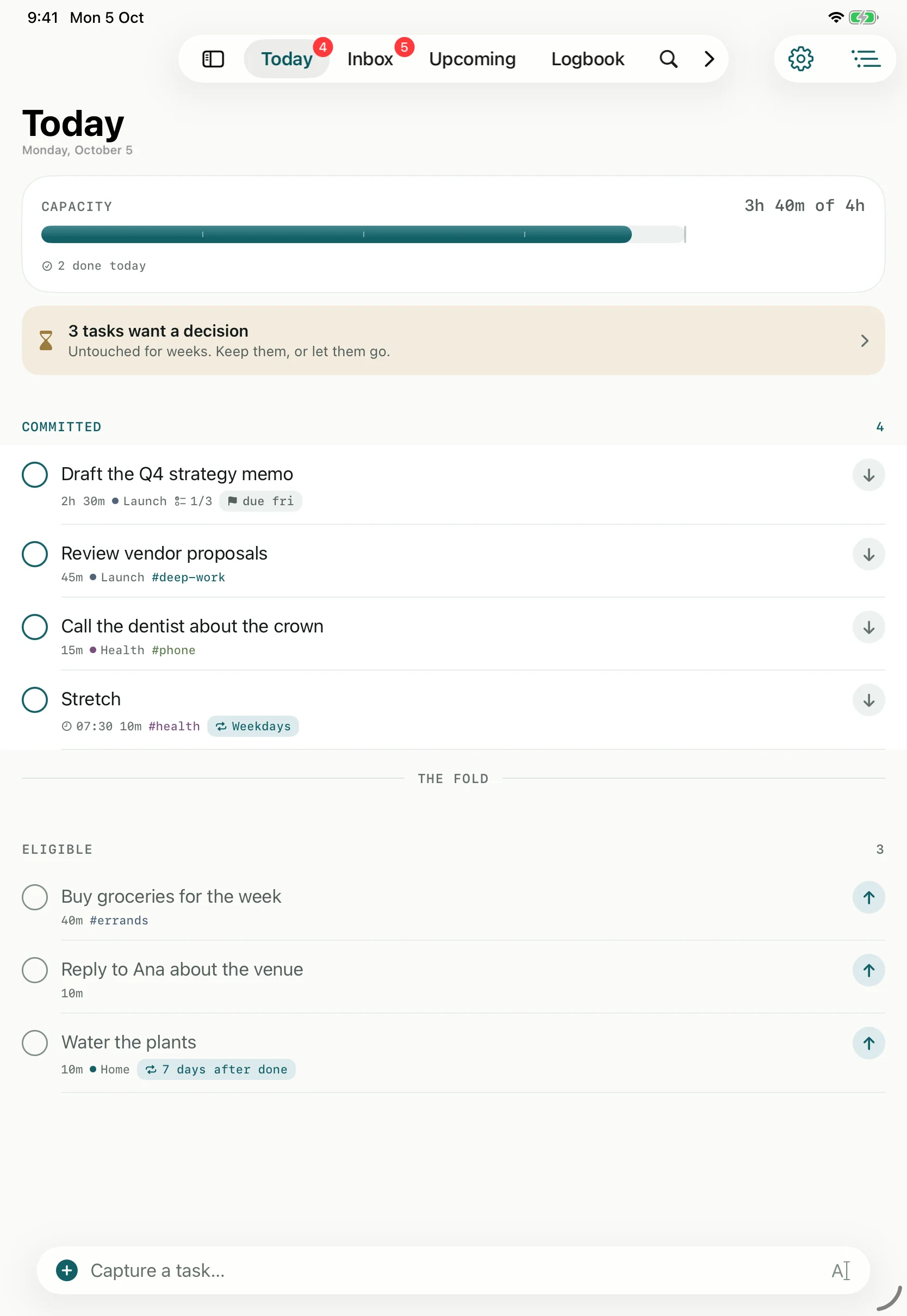 Billine on iPad: four committed tasks, the fold, and three eligible tasks below it.