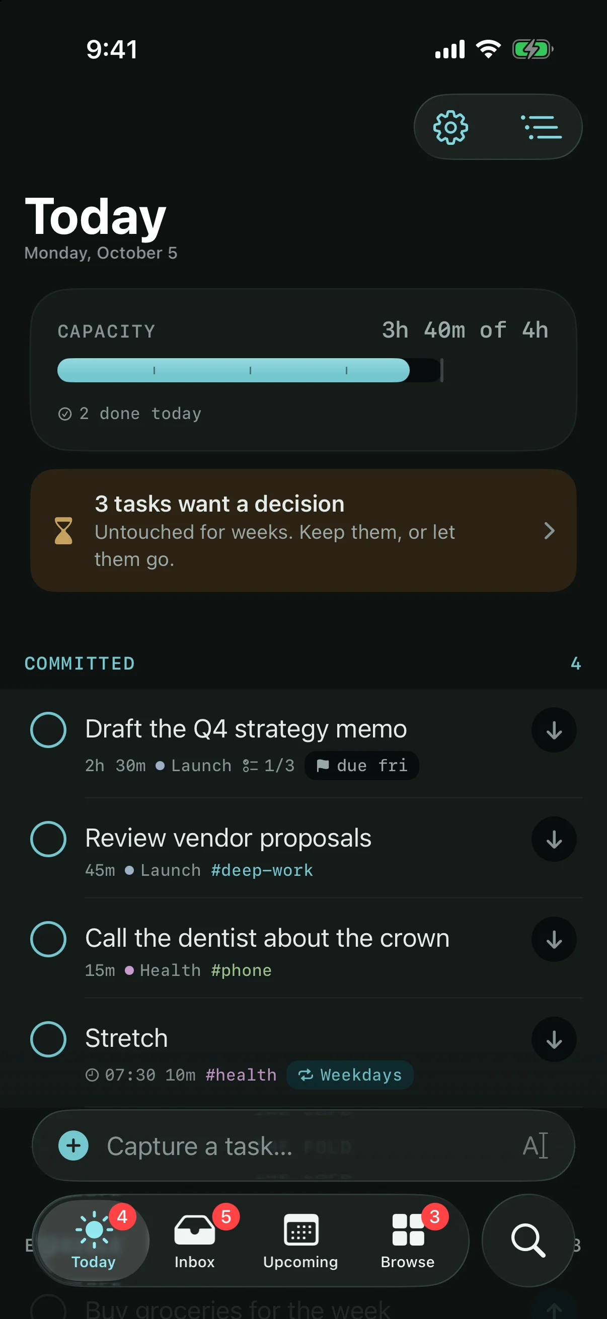 Billine's Today screen in dark mode: a capacity track reading 3h 40m of 4h above four committed tasks.