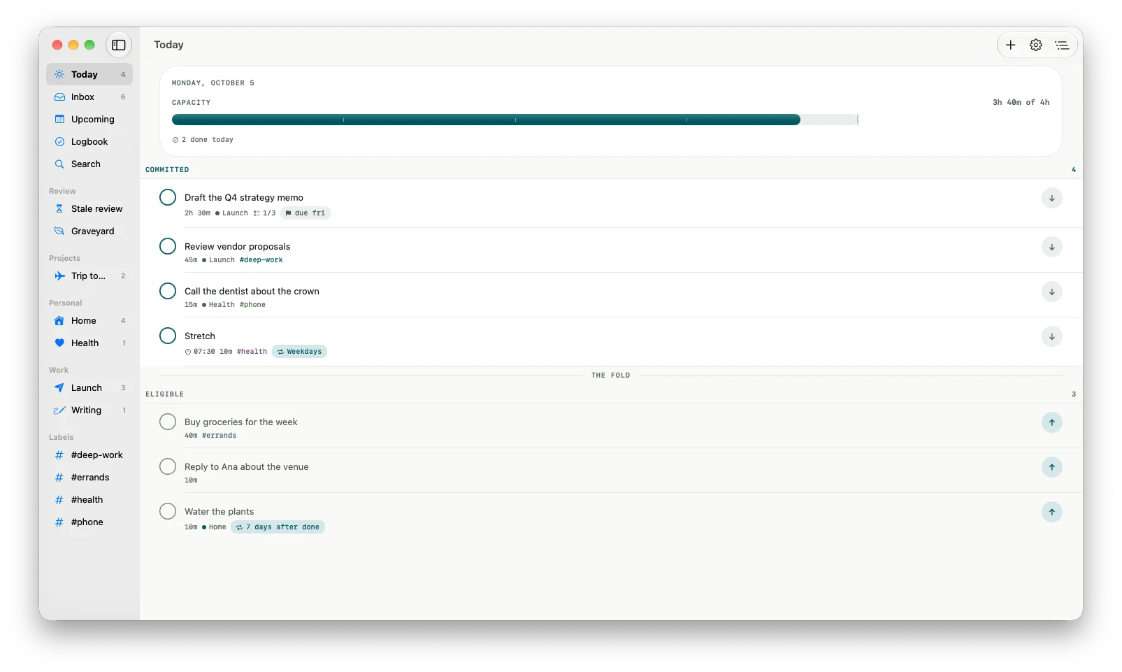 Billine on Mac: a sidebar of lists, projects and labels beside Today, with four committed tasks above the fold.